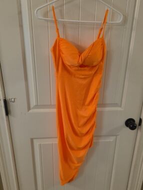 Windsor Orange Asymmetrical Spaghetti Strap Midi Dress